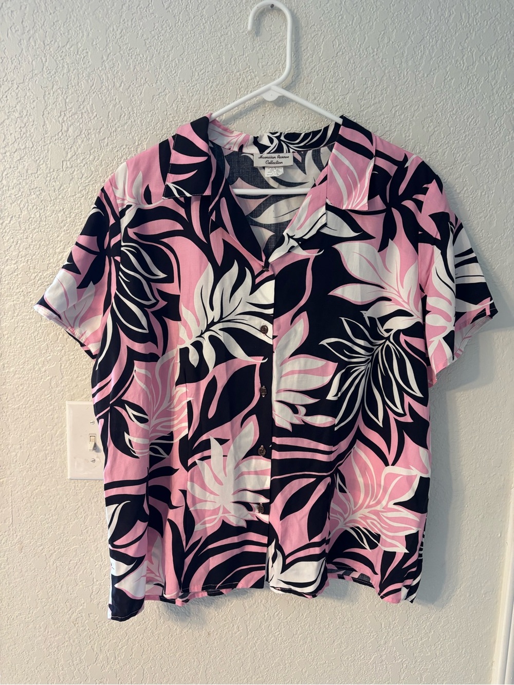 COASTAL COTTAGECORE: Hawaiian Reserve Pink & Black Leaf Resort Blouse XL - Picture 5 of 7